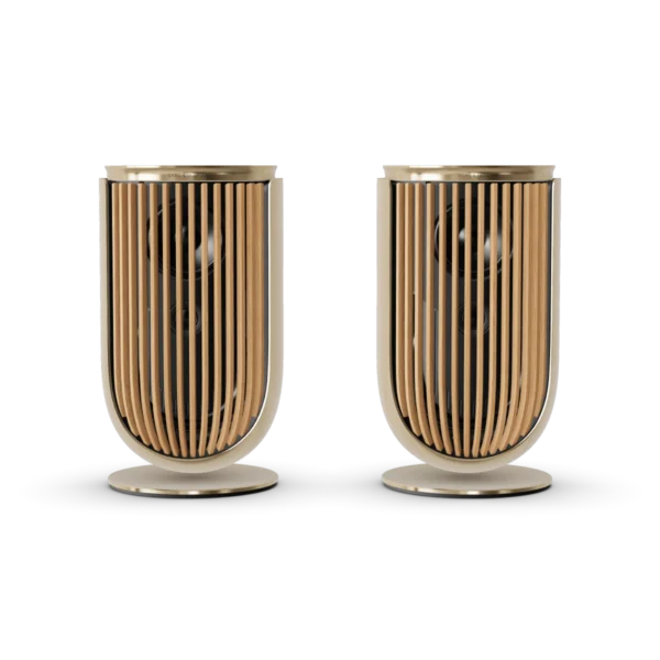 Enceinte sans fil haut de gamme Bang & Olufsen Beolab 8 Gold Tone & Light Oak chez Esprit Grand Théâtre à Bordeaux.